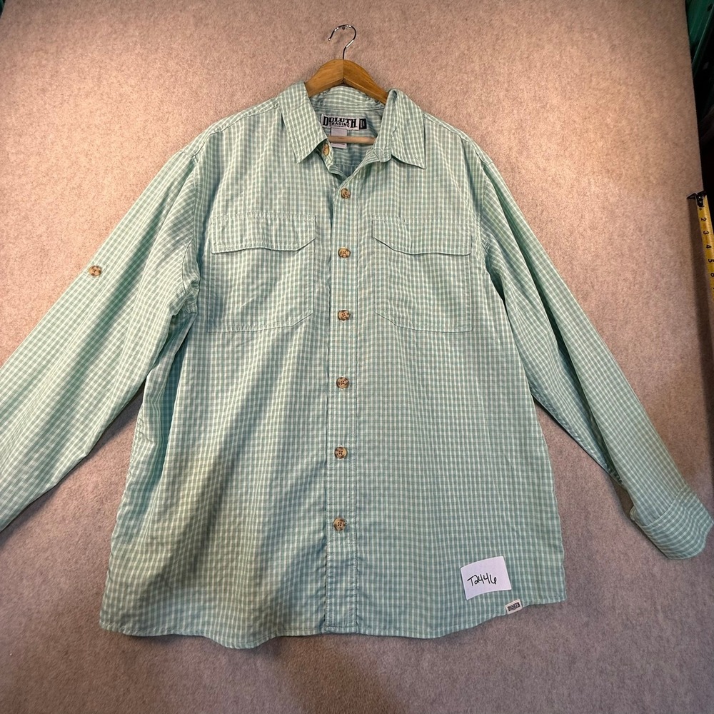 Duluth Trading Co Mens Large Relaxed Fit Untucked Gingham Roll Tab Shirt Green